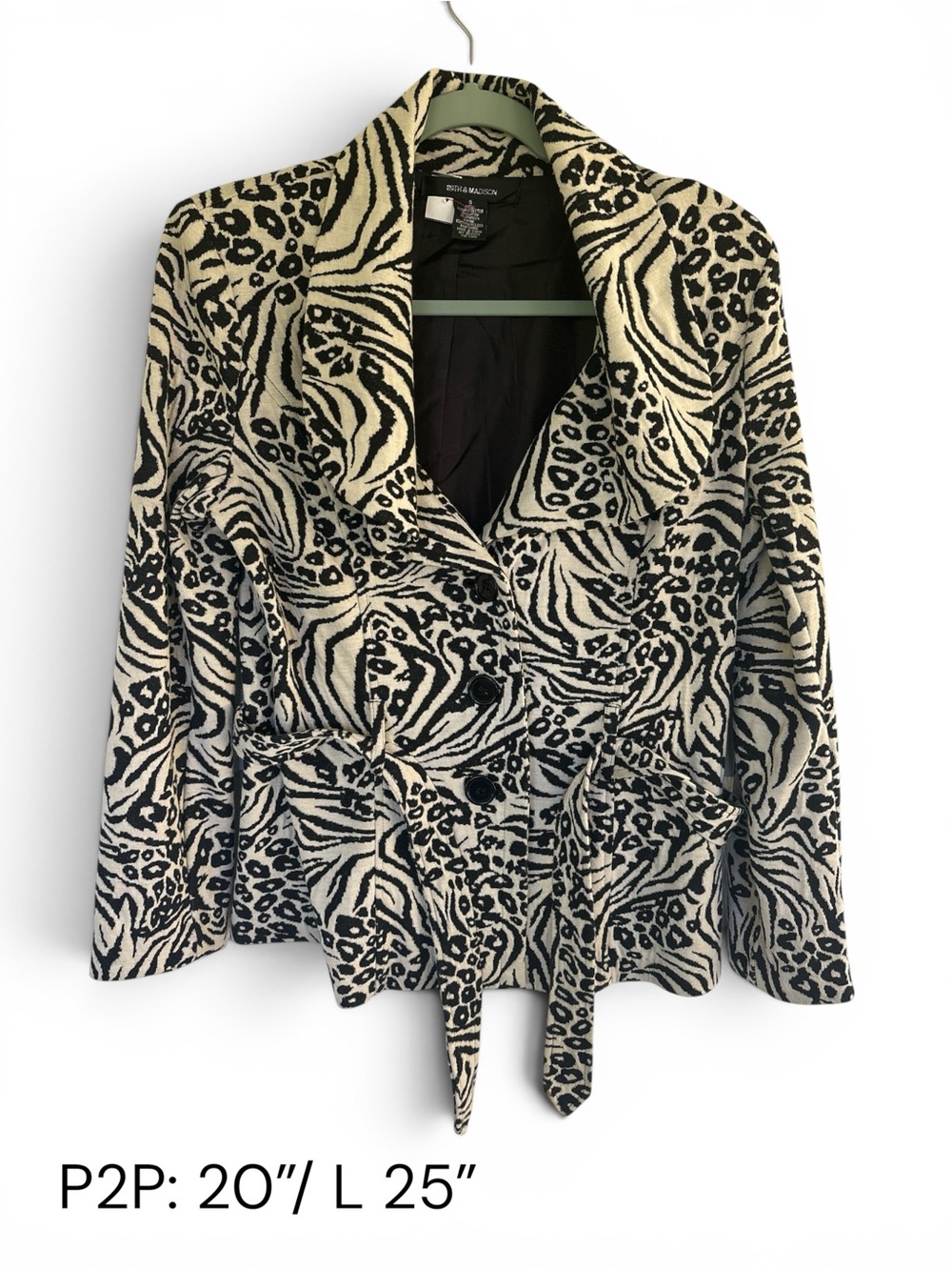 89th & Madison Black and White Animal Print Belted Blazer